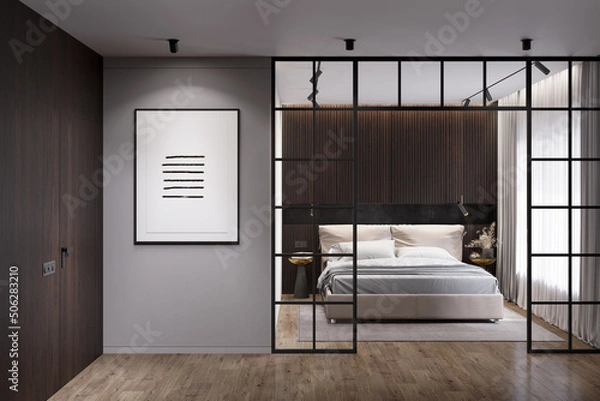 Fototapeta Modern dark interior with the illuminated vertical poster on a gray wall between a wooden door and a glass partition overlooking a modern bedroom with a light bed by the window. Front view. 3d render