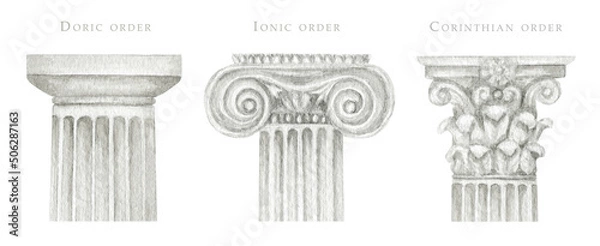 Obraz Watercolor antique column corinthian ionic doric order, Ancient Classic Greek pillar set, Roman Columns, Architecture facade elements Realistic drawing illustration isolated on white background