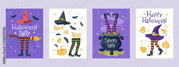 Fototapeta Halloween spooky party cards with witch legs and hats. Cartoon witch stockings legs, broom and witchcraft cauldron vector background illustrations. Halloween party posters or invitation cards