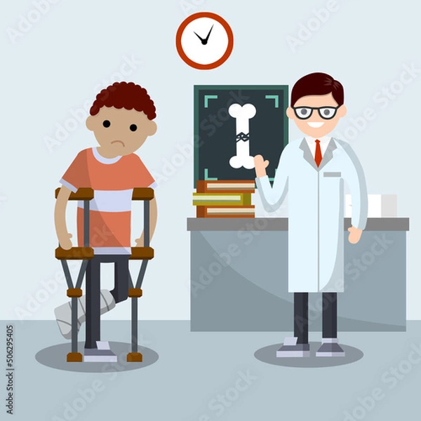Fototapeta Man with broken leg. Patient in hospital on crutches. doctor in white coat