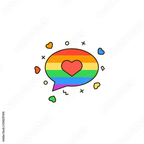 Obraz Rainbow speech bubble with heart shape decoration. LGBT & LGBTQ love chat colorful line icon for social media and messengers. Romantic messaging vector illustration for gays & lesbians.   