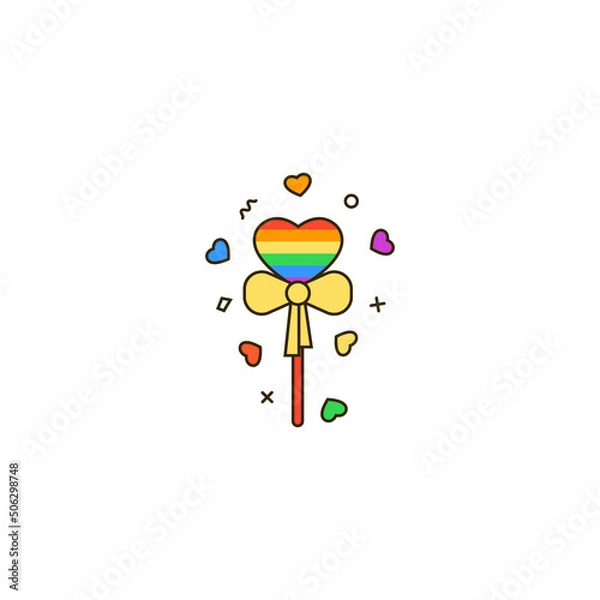 Obraz Rainbow heart shaped lollipop decorated with ribbon bow - flat color line icon. Candy or rainbow popsicle vector illustration for Pride month, Valentine's Day, gay love, LGBT support celebration.