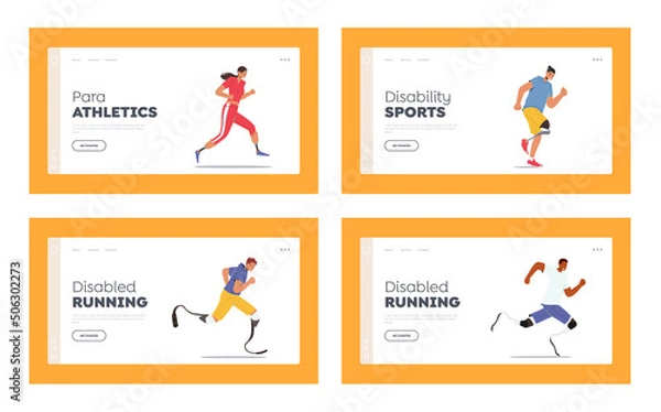 Fototapeta Disabled Athletes Landing Page Template Set. Young Amputee Men or Women Running. Characters Run City Marathon