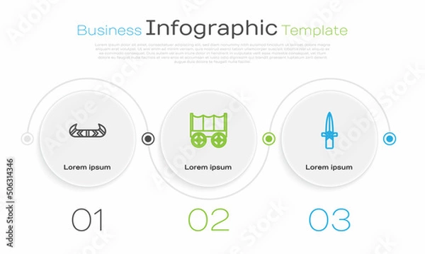 Fototapeta Set line Kayak or canoe and paddle, Wild west covered wagon and Dagger. Business infographic template. Vector