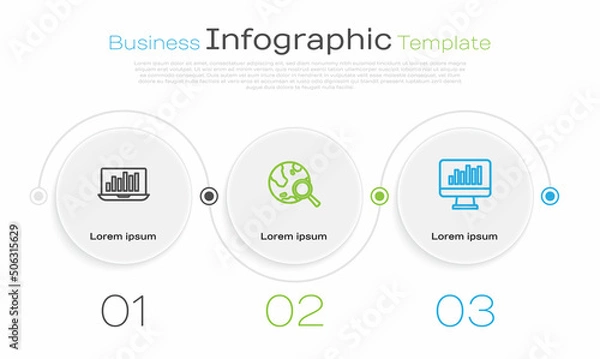 Fototapeta Set line Laptop with graph chart, Search globe and Monitor. Business infographic template. Vector