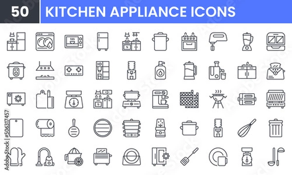 Obraz Kitchen Appliances vector line icon set. Contains linear outline icons like Microwave, Blender, Oven, Juicer, Cooker, Mixer, Washer, Fridge, Stove, Sink, Kitchenware, Cookware. Editable use and stroke