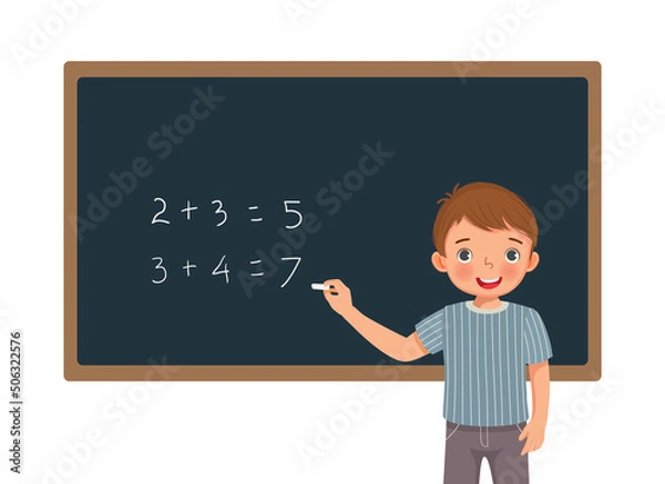 Fototapeta cute little boy student writing with chalk math equation solution on the blackboard in front of class