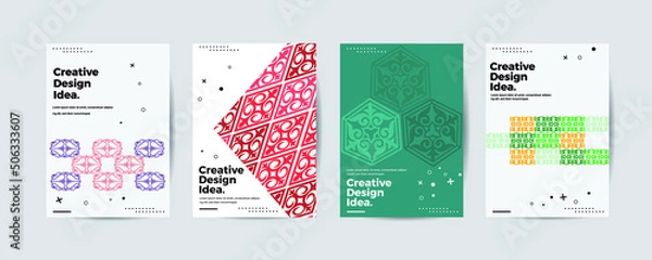 Fototapeta Company identity brochure template collection with asian kazakh ornaments. Business presentation vector A4 vertical orientation front page mock up set. Corporate report cover abstract illustration