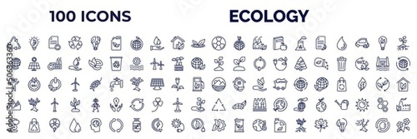 Fototapeta set of 100 ecology web icons in outline style. thin line icons such as recycling, biofuel, radioactive, eco paper, globe on hand, plant a tree, eco volunteer, snowy mountains, bonsai, eco industry,