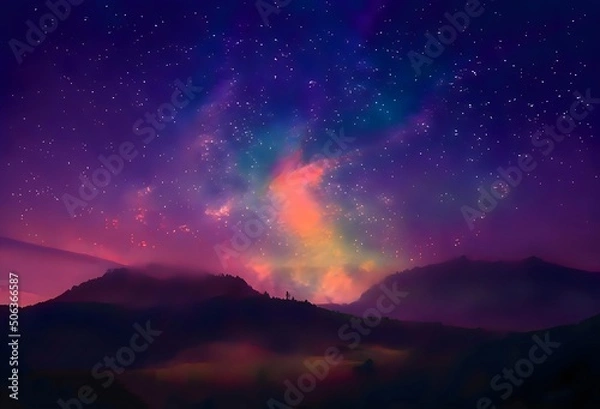 Obraz Milky Way and colorful light at mountains. Night colorful landscape. Starry sky with hills. Beautiful Universe. Space background with galaxy. Travel background