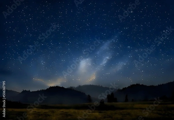 Obraz Milky Way and colorful light at mountains. Night colorful landscape. Starry sky with hills. Beautiful Universe. Space background with galaxy. Travel background