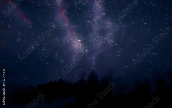 Obraz Milky Way and colorful light at mountains. Night colorful landscape. Starry sky with hills. Beautiful Universe. Space background with galaxy. Travel background