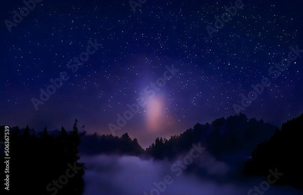 Obraz Milky Way and colorful light at mountains. Night colorful landscape. Starry sky with hills. Beautiful Universe. Space background with galaxy. Travel background