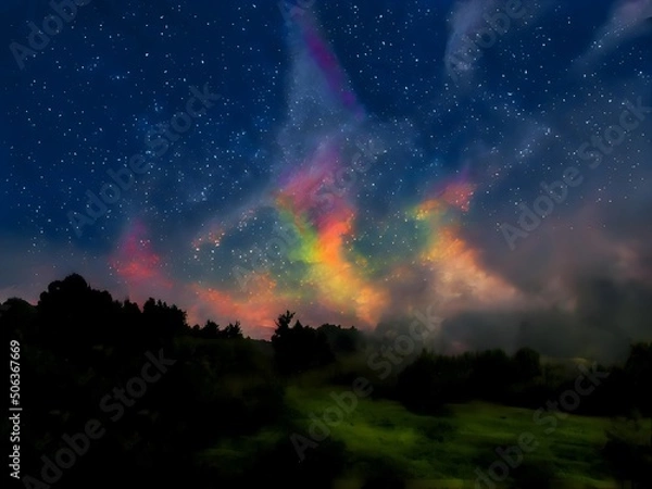 Fototapeta Milky Way and colorful light at mountains. Night colorful landscape. Starry sky with hills. Beautiful Universe. Space background with galaxy. Travel background