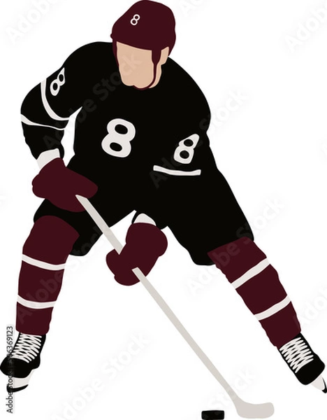 Fototapeta Forward hockey player with stick and puck in red helmet