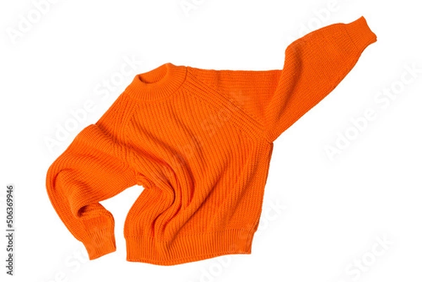 Obraz orange wool sweater, levitates like a superhero, one hand up, on a white background