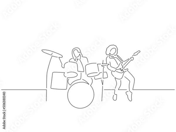 Fototapeta Rock band in line art drawing style. Composition of a group of musicians playing music. Black linear sketch isolated on white background. Vector illustration design.