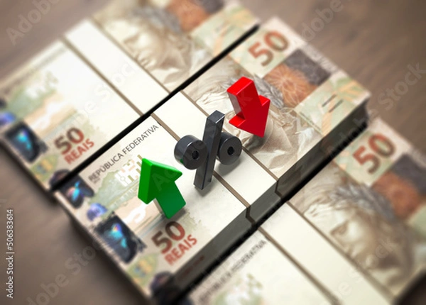 Fototapeta Brazilian reais banknote, percentage symbol, and red-green finance arrows. Horizontal composition. Isolated with clipping path.