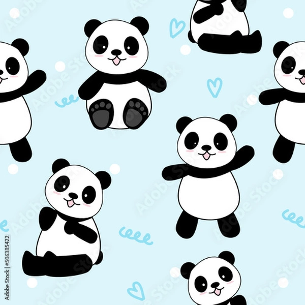 Fototapeta Cute Panda Seamless Pattern Background, Cartoon Panda Bears Vector illustration, Creative kids for fabric, wrapping, textile, wallpaper, apparel.