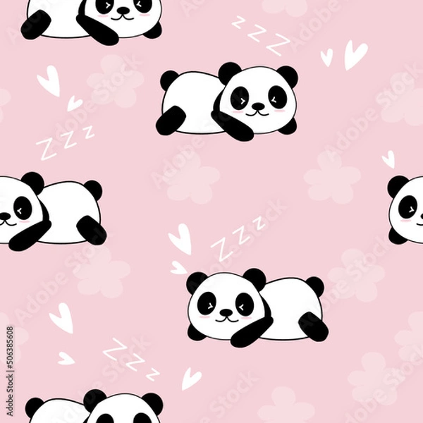 Fototapeta Cute Panda Seamless Pattern Background, Cartoon Panda Bears Vector illustration, Creative kids for fabric, wrapping, textile, wallpaper, apparel.