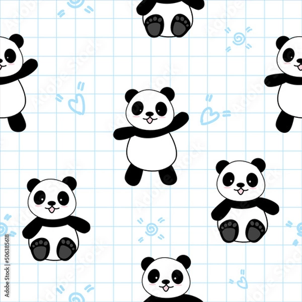 Fototapeta Cute Panda Seamless Pattern Background, Cartoon Panda Bears Vector illustration, Creative kids for fabric, wrapping, textile, wallpaper, apparel.