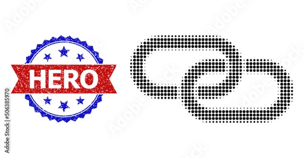 Fototapeta Halftone chain element icon, and bicolor grunge Hero stamp. Halftone chain element icon is made with small spheric points. Vector watermark with grunge bicolored style,
