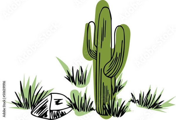 Fototapeta cactus with grass and stone in desert sands vector isolated