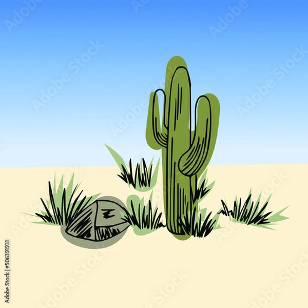Fototapeta cactus with grass and stone in desert sands vector isolated