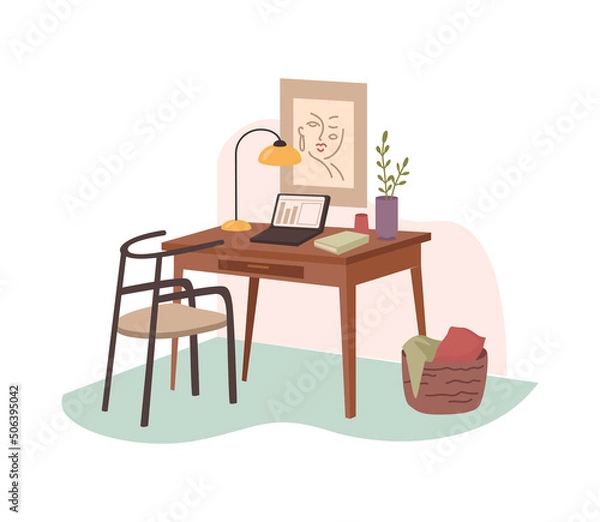 Fototapeta Modern interior of living room, table with computer, book and lamp, chair stool, and houseplants growing in pot, home decoration and elements of furniture in flat cartoon style. Picture on wall