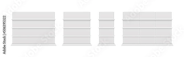 Obraz Shelf of store. Shelf of supermarket. Empty shelves for supermarket. Stand retail shelves of shop. Blank mockup in front view for store and market. 3d showcase for product. Vector
