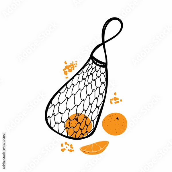Obraz Hand-drawn doodle-style grid bag. Ecology. Mesh bag for fruits and vegetables. Reusable bag. No plastic bag. Vector simple illustration.