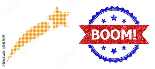 Fototapeta Halftone petard star icon, and bicolor dirty Boom! seal. Halftone petard star icon is designed with small spheric elements. Vector seal with corroded bicolored style,