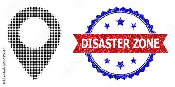 Fototapeta Halftone map sign icon, and bicolor grunge Disaster Zone watermark. Halftone map sign icon is designed with small circle pixels. Vector imprint with grunge bicolored style,
