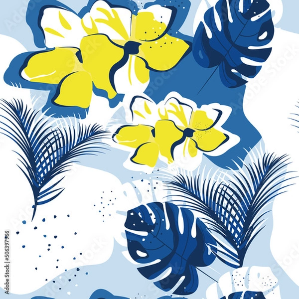 Fototapeta Abstract seamless pattern with tropical plants. Leaves, flowers, palm trees, monstera and dots. For textiles, prints, bedding, packaging design and wallpaper.