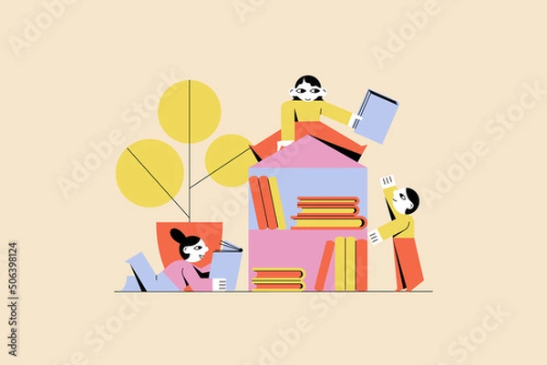 Fototapeta Book exchange, bookcrossing by young students, pupils illustration. Literary club concept between people. Vector flat isolated design of hut in public place. Readers exchange literature. Flat vector