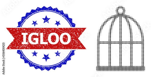 Fototapeta Halftone bird cell icon, and bicolor rubber Igloo seal. Halftone bird cell icon is made with small round points. Vector seal with retro bicolored style, Igloo text inside red ribbon and blue rosette.