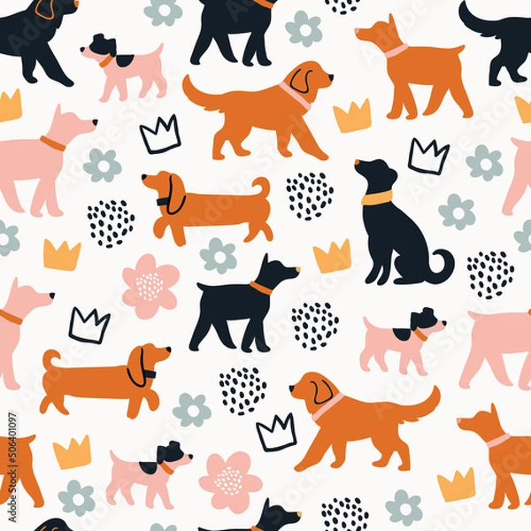 Fototapeta vector seamless pattern with dogs, crowns, flowers on beige background. domestic dogs pattern
