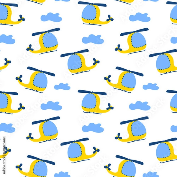 Fototapeta Childish seamless pattern with hand drawn Helicopters. Perfect for kids apparel,fabric, textile, nursery decoration,wrapping paper. Vector illustration
