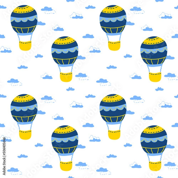 Fototapeta Childish seamless pattern with hand drawn blue air balloon and sign Under the sky. In blue colors. Perfect for kids apparel,fabric, textile, nursery decoration,wrapping paper.