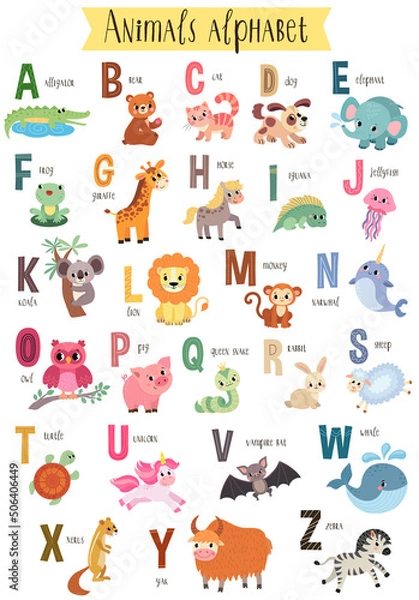 Fototapeta illustration of cute animals from A to Z isolated on a white background. Children's alphabet in pictures.