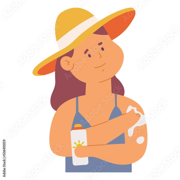 Obraz Cute woman in sunhat applying sunscreen vector cartoon character isolated on a white background.