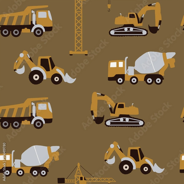 Obraz Seamless pattern with construction equipment on a brown background for boys