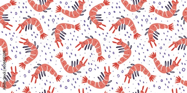 Fototapeta Vector seamless pattern with sea animals crab, shrimp. Creative design with crab, shrimp on the color background. Vector illustration. Textile pattern, print pattern.