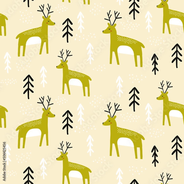 Obraz Hand drawn Christmas seamless pattern with deers, tree, and snowflake. Holiday background. Unique hand drawn texture. Vector illustration