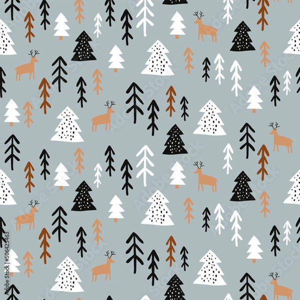 Obraz Christmas pattern with seamless drawing of reindeer, forest tree and rabbit. Natural floral drawing for winter season and Christmas holiday. Vector illustration ready for print.