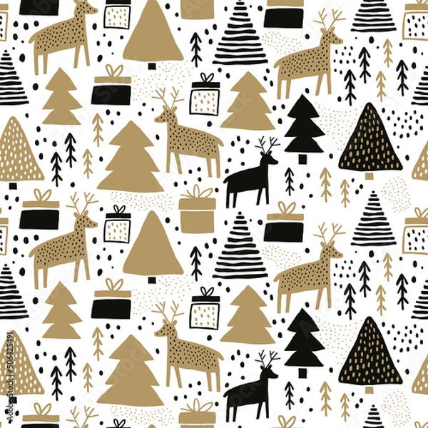 Obraz Holiday pattern Christmas decoration. Snow in the woods. White trees and spruce. Vector illustration.