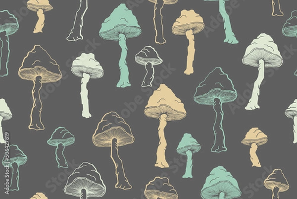 Obraz Amanita choky inedible mushrooms seamless pattern vector illustration.