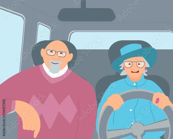 Obraz Elderly female driver and senior passenger character inside a car