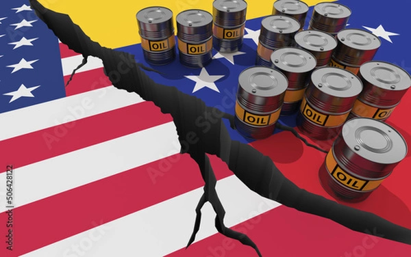 Fototapeta Oil barrels on background of the flags of Venezuela and USA. World financial sanctions on Venezuela oil and gas. Conflict between countries. Oil embargo. 3D render
