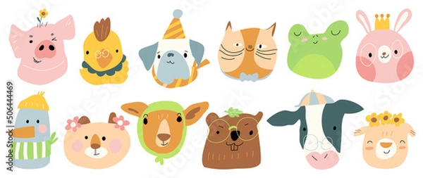 Fototapeta Set of cute animal vector. Lovely and friendly farm animal with duck, pig, cow, rabbit, chicken in doodle pattern. Adorable funny animal and many characters hand drawn collection on white background.